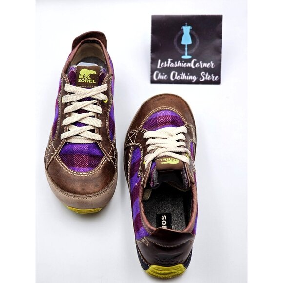 Sorel Women's Purple & Brown Mackenzie Lined Leather Plaid Sneakers Sz 6 379 - Picture 14 of 16